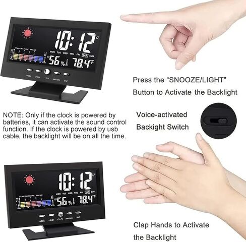 ساعة منبه رقمية LCD للطقس بجانب السرير مع كابل USB، خاصية الغفوة للتحكم في الصوت، وظيفة الإضاءة الخلفية، درجة الحرارة والرطوبة، تاريخ 12/24 ساعة، عرض واضح لغرفة النوم ومنضدة كبار السن in Saudi Arabia