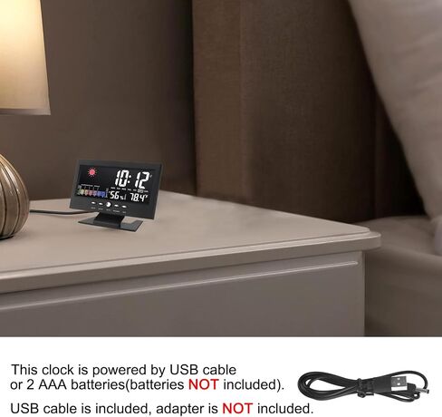 ساعة منبه رقمية LCD للطقس بجانب السرير مع كابل USB، خاصية الغفوة للتحكم في الصوت، وظيفة الإضاءة الخلفية، درجة الحرارة والرطوبة، تاريخ 12/24 ساعة، عرض واضح لغرفة النوم ومنضدة كبار السن in Saudi Arabia