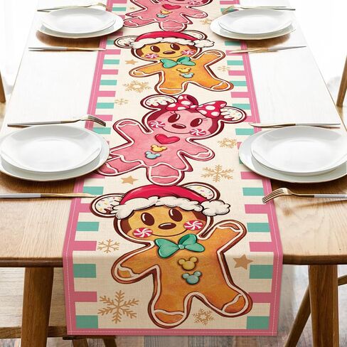 Christmas Cartoon Mouse Gingerbread Man Table Runner, Pink Xmas Holiday Kitchen Dining Table Decoration, Winter Funny Burlap Indoor Outdoor Home Decor Party Supply 13 x 72 Inches in Kuwait