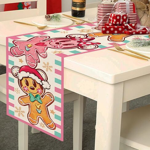 Christmas Cartoon Mouse Gingerbread Man Table Runner, Pink Xmas Holiday Kitchen Dining Table Decoration, Winter Funny Burlap Indoor Outdoor Home Decor Party Supply 13 x 72 Inches in Kuwait