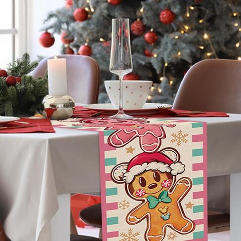 Christmas Cartoon Mouse Gingerbread Man Table Runner, Pink Xmas Holiday Kitchen Dining Table Decoration, Winter Funny Burlap Indoor Outdoor Home Decor Party Supply 13 x 72 Inches in Kuwait