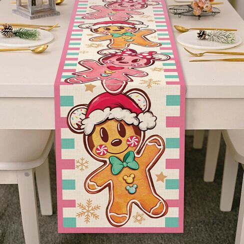 Christmas Cartoon Mouse Gingerbread Man Table Runner, Pink Xmas Holiday Kitchen Dining Table Decoration, Winter Funny Burlap Indoor Outdoor Home Decor Party Supply 13 x 72 Inches in Kuwait