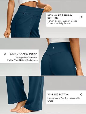 سراويل Soothfeel واسعة الساق للنساء، سراويل عمل اليوغا مع جيوب، سراويل رياضية عالية الخصر، سراويل صغيرة/طويلة 30 بوصة (أزرق داكن، L) in Kuwait