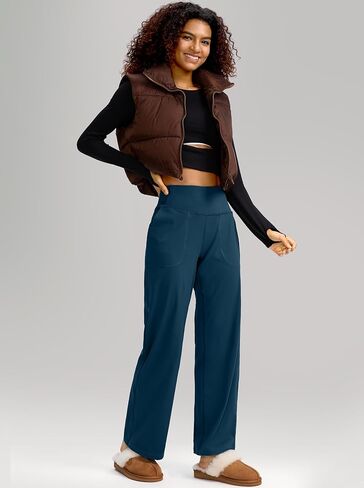 سراويل Soothfeel واسعة الساق للنساء، سراويل عمل اليوغا مع جيوب، سراويل رياضية عالية الخصر، سراويل صغيرة/طويلة 30 بوصة (أزرق داكن، L) in Kuwait