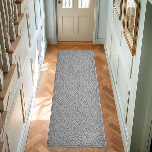 سجادة Laura Ashley عالية ومنخفضة معنقدة مقاس 26 بوصة × 72 بوصة وقابلة للغسل ومقاومة للانزلاق - رمادي فاتح Feya Solid in Kuwait