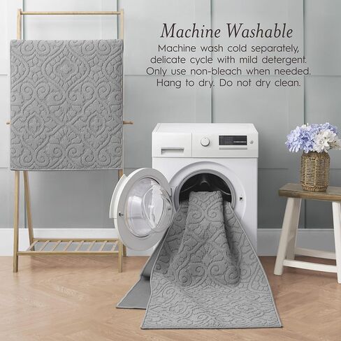 سجادة Laura Ashley عالية ومنخفضة معنقدة مقاس 26 بوصة × 72 بوصة وقابلة للغسل ومقاومة للانزلاق - رمادي فاتح Feya Solid in Kuwait