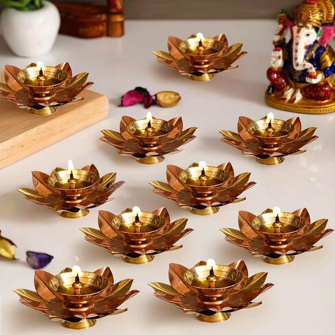 TIED RIBBONS Set of 10 Lotus Shape Brass Diyas for Pooja Home Decorations, Mandir, Temple | Decorative Flower Metal Diya Oil Lamp | Indian Pooja Return Gifts | Diwali Decorations for Home in Saudi Arabia