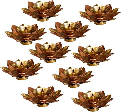 TIED RIBBONS Set of 10 Lotus Shape Brass Diyas for Pooja Home Decorations, Mandir, Temple | Decorative Flower Metal Diya Oil Lamp | Indian Pooja Return Gifts | Diwali Decorations for Home in Saudi Arabia