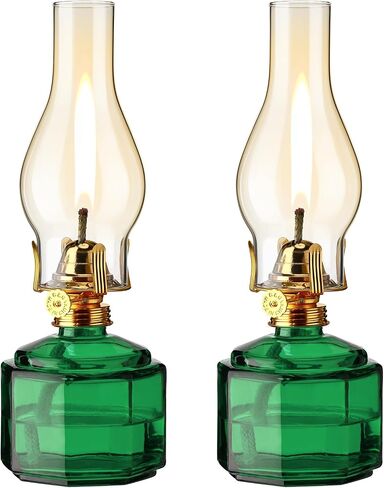 Tuanse 2 Pieces Chamber Oil Lamp Classic Kerosene Lamp Lantern Vintage Oil Lantern Decorative Hurricane Lamp with Adjustable Fire Wick for Home Indoor Use, 13 Inch Height(Green) in Kuwait