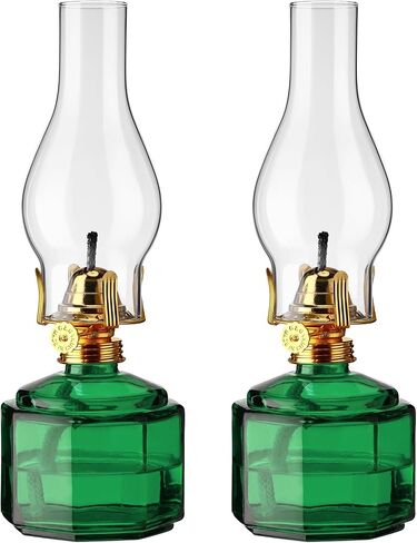 Tuanse 2 Pieces Chamber Oil Lamp Classic Kerosene Lamp Lantern Vintage Oil Lantern Decorative Hurricane Lamp with Adjustable Fire Wick for Home Indoor Use, 13 Inch Height(Green) in Kuwait