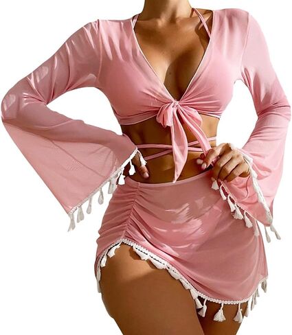 Women's 4 Piece Swimsuit Triangle Bikini Sets Bathing Suit Sexy Swimwear with Beach Cover Up Skirt in Saudi Arabia