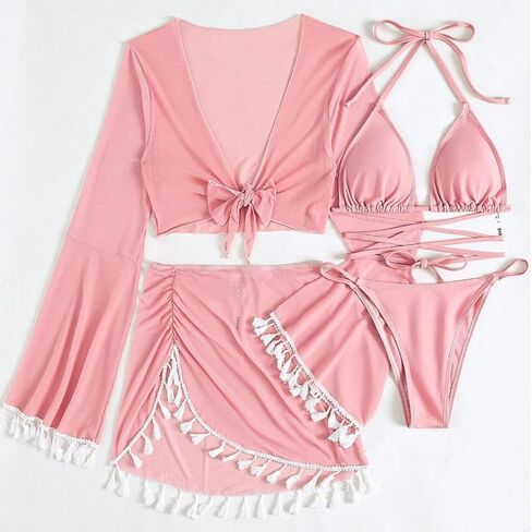 Women's 4 Piece Swimsuit Triangle Bikini Sets Bathing Suit Sexy Swimwear with Beach Cover Up Skirt in Saudi Arabia
