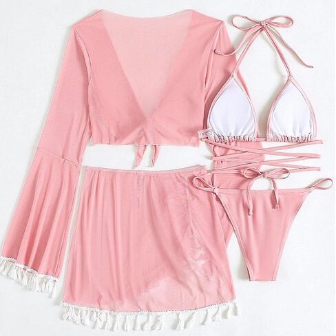 Women's 4 Piece Swimsuit Triangle Bikini Sets Bathing Suit Sexy Swimwear with Beach Cover Up Skirt in Saudi Arabia
