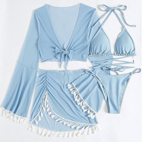 ملابس سباحة نسائية مكونة من 4 قطع بيكيني مثلث بدلة استحمام مثيرة مع تنورة لتغطية الشاطئ in Kuwait