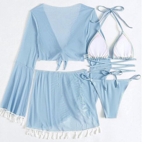 ملابس سباحة نسائية مكونة من 4 قطع بيكيني مثلث بدلة استحمام مثيرة مع تنورة لتغطية الشاطئ in Kuwait