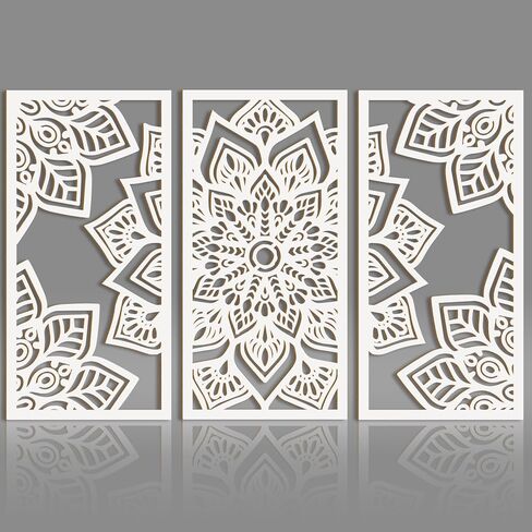 Mandala Wall Art 16x32 Inch Lotus Flower Wall Art Decor Large White Mandala Wood Wall Decor Lotus Art Hollow Wall Decor 3 Panels for Living Room Bedroom Office Wall Decor in Kuwait