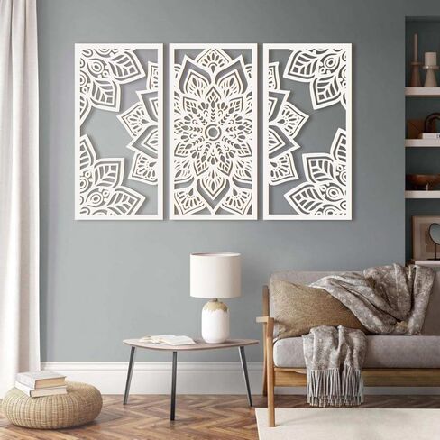 Mandala Wall Art 16x32 Inch Lotus Flower Wall Art Decor Large White Mandala Wood Wall Decor Lotus Art Hollow Wall Decor 3 Panels for Living Room Bedroom Office Wall Decor in Kuwait