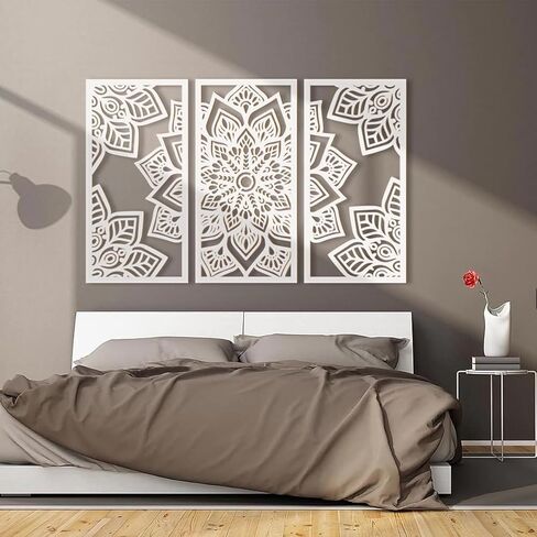 Mandala Wall Art 16x32 Inch Lotus Flower Wall Art Decor Large White Mandala Wood Wall Decor Lotus Art Hollow Wall Decor 3 Panels for Living Room Bedroom Office Wall Decor in Kuwait