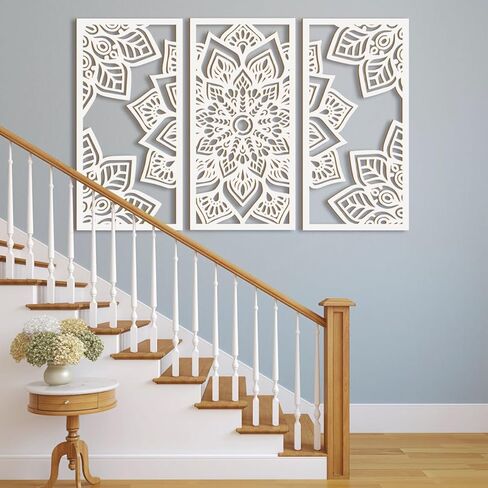 Mandala Wall Art 16x32 Inch Lotus Flower Wall Art Decor Large White Mandala Wood Wall Decor Lotus Art Hollow Wall Decor 3 Panels for Living Room Bedroom Office Wall Decor in Kuwait