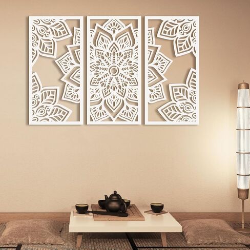 Mandala Wall Art 16x32 Inch Lotus Flower Wall Art Decor Large White Mandala Wood Wall Decor Lotus Art Hollow Wall Decor 3 Panels for Living Room Bedroom Office Wall Decor in Kuwait