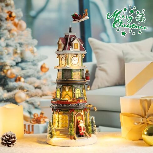 منازل قرية عيد الميلاد، برج الجرس مع الحركة والأضواء، قطار دوار سانتا الرنة مضاء، قرية الرسوم المتحركة لعيد الميلاد لعرض ديكور الطاولة الداخلي لعيد الميلاد in Kuwait