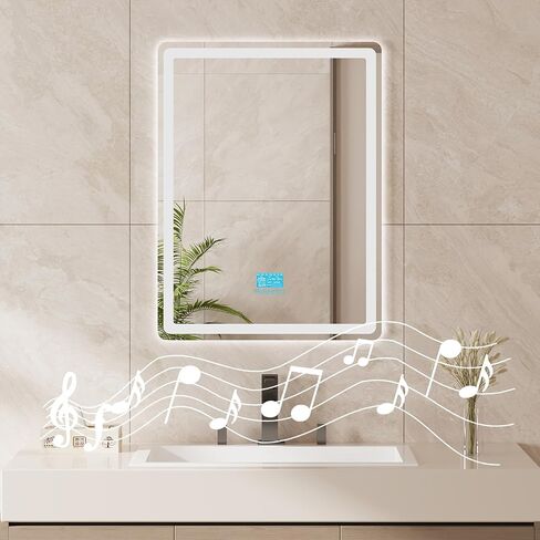مرآة حمام LED مقاس 24 بوصة × 32 بوصة مع أضواء، مرآة حمام مثبتة على الحائط مع مكبر صوت بلوتوث، مضادة للضباب، 3 درجات حرارة اللون، وظيفة الذاكرة، زجاج مقسى، مقاومة للكسر in Saudi Arabia