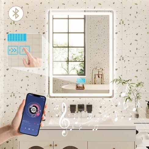 مرآة حمام LED مقاس 24 بوصة × 32 بوصة مع أضواء، مرآة حمام مثبتة على الحائط مع مكبر صوت بلوتوث، مضادة للضباب، 3 درجات حرارة اللون، وظيفة الذاكرة، زجاج مقسى، مقاومة للكسر in Saudi Arabia