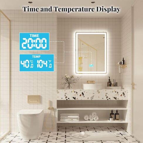 مرآة حمام LED مقاس 24 بوصة × 32 بوصة مع أضواء، مرآة حمام مثبتة على الحائط مع مكبر صوت بلوتوث، مضادة للضباب، 3 درجات حرارة اللون، وظيفة الذاكرة، زجاج مقسى، مقاومة للكسر in Saudi Arabia