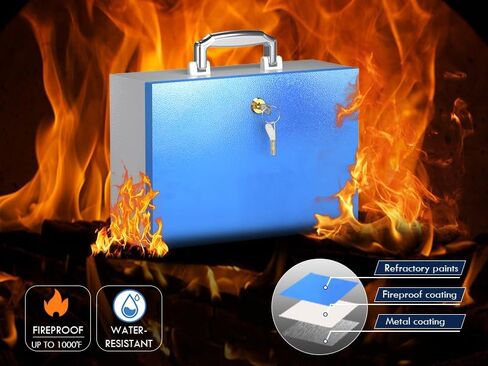 صندوق ودائع آمن من WeHere مع مفتاح، صندوق ودائع آمن صغير لتخزين المنزل وحقيبة مستندات مقاومة للماء ومقاومة للحريق، والمال والأدوية والبطاريات، ومقبض محمول وتصميم مضاد للنزع، 0.3 قدم مكعب، 12.6 × 8.6 × 4.7 بوصة in Kuwait