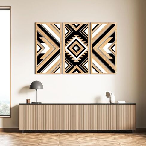 ANHUIB Aztec جدار الفن الغربي الخشب جدار ديكور كبير 3 لوحات 16x32 بوصة مزرعة سوداء بوهو منحوتات الجدار الهندسية للمنزل غرفة المعيشة غرفة نوم مكتب ديكور معلق in Kuwait