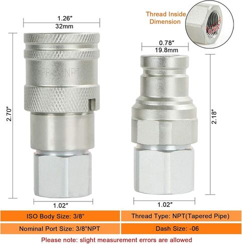 PANGOLIN 3/8 "NPT خيط انزلاقي التوجيه مسطح الوجه الهيدروليكي وصلات توصيل سريعة ISO 16028 مجموعة وصلات قطع هيدروليكية عالمية مع أغطية غبار لحالة بوبكات/نيو هولاند، أجزاء كوبوتا in Saudi Arabia