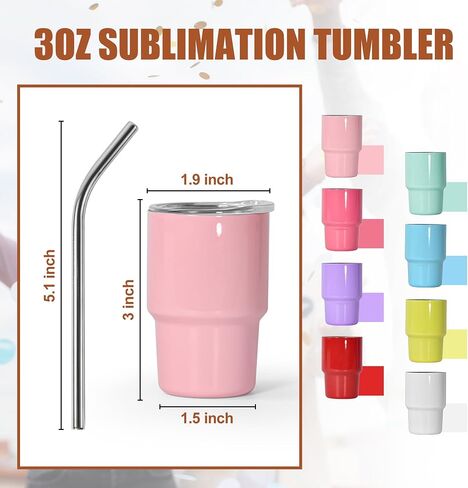 AGH 3 oz Mini Tumbler Shot Glass with Straw and Lid Colored Stainless Steel Sublimation Tumblers Cute Double Wall Vacuum Insulated Cups, 6 Pack in Kuwait