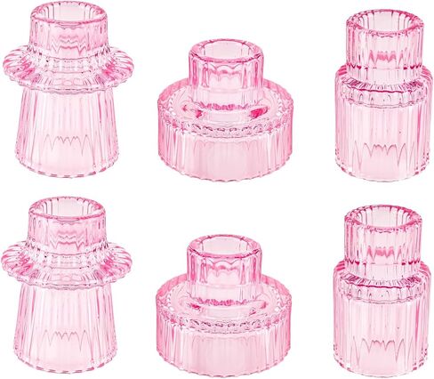 Double Sided Vintage Ribbed Taper Glass Candle Holders,Tea Candle Holder for Table Centerpieces, Wedding Decorations and Dinner Parties (Pink, 6 PCS) in Saudi Arabia