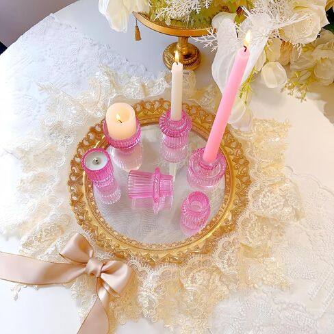Double Sided Vintage Ribbed Taper Glass Candle Holders,Tea Candle Holder for Table Centerpieces, Wedding Decorations and Dinner Parties (Pink, 6 PCS) in Saudi Arabia