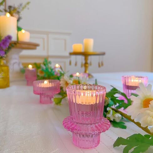 Double Sided Vintage Ribbed Taper Glass Candle Holders,Tea Candle Holder for Table Centerpieces, Wedding Decorations and Dinner Parties (Pink, 6 PCS) in Saudi Arabia