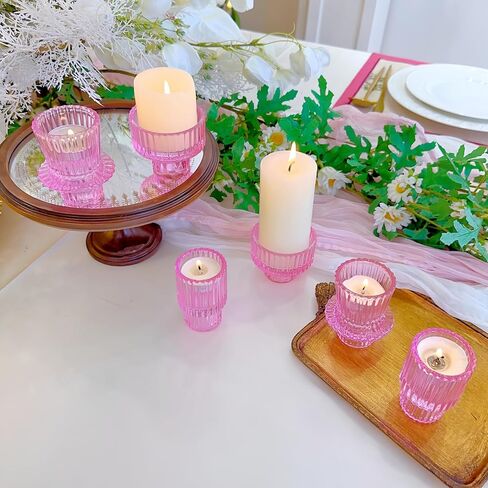 Double Sided Vintage Ribbed Taper Glass Candle Holders,Tea Candle Holder for Table Centerpieces, Wedding Decorations and Dinner Parties (Pink, 6 PCS) in Saudi Arabia