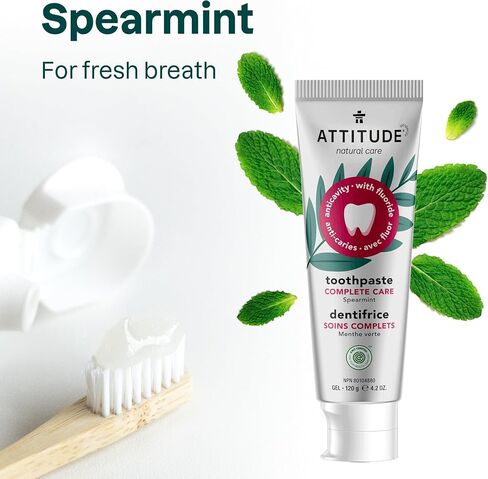 ATTITUDE Toothpaste with Fluoride, Prevents Tooth Decay and Cavities, Vegan, Cruelty-Free and Sugar-Free, Whitening, Peppermint, 4.2 Oz in Saudi Arabia