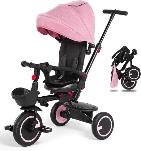 Baby Tricycle, 6-in-1 Folding Toddler Bike, Toddler Push Bike, Toys for 1-5 Year Old Boys & Girls, Kids Trike with Push Handle, Canopy, Backrest and Safety Belt, Stroller Bike Gift for Toddlers in Saudi Arabia