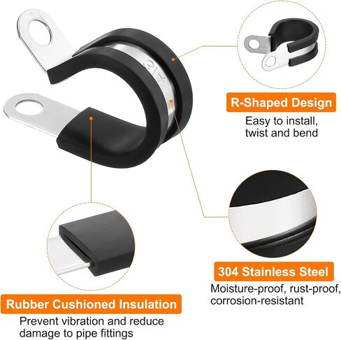 HARFINGTON 50pcs 304 Stainless Steel Cable Clamps 3/4 Inch Rubber Cushioned Insulated Clamp Metal Loop Pipe Clamp for Tube Pipe Wire Cord Installation in Saudi Arabia