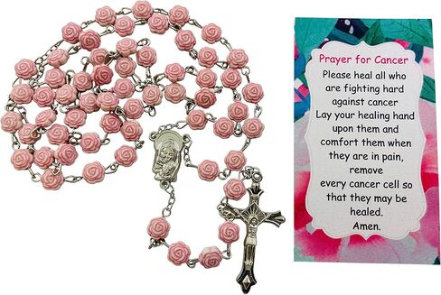 Westmon Works Prayer for Cancer Rosary Set Pink Rose Shaped Beads and Holy Card in Saudi Arabia