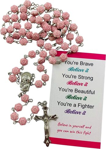 Westmon Works Prayer for Cancer Rosary Set Pink Rose Shaped Beads and Holy Card in Saudi Arabia