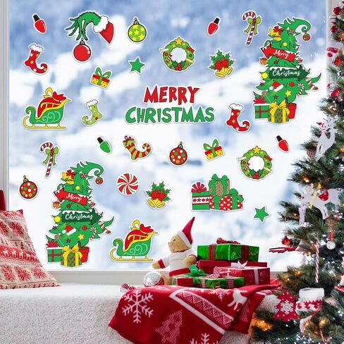 Whaline 40Pcs Christmas Thick Gel Clings Red Green Funny Cartoon Hand Xmas Tree Presents Window Gel Decals for Home Classroom Nursery Party Decor in Saudi Arabia