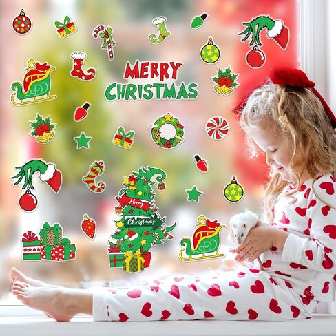 Whaline 40Pcs Christmas Thick Gel Clings Red Green Funny Cartoon Hand Xmas Tree Presents Window Gel Decals for Home Classroom Nursery Party Decor in Saudi Arabia