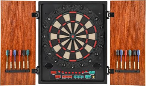 Electronic Dart Board Cabinet Set, Dartboard with Wooden Finish Doors, 12 Darts Set with Aluminum Foil Flights, Adapter Included. in Saudi Arabia
