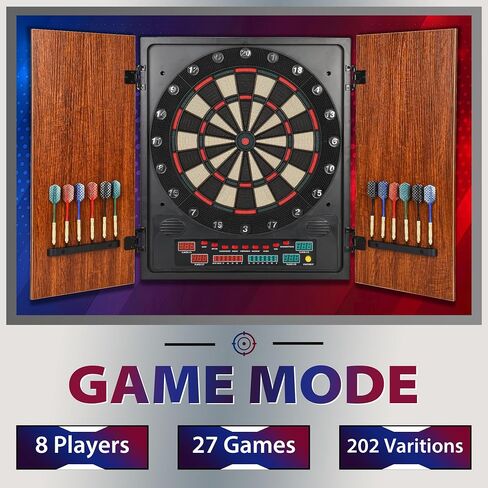 Electronic Dart Board Cabinet Set, Dartboard with Wooden Finish Doors, 12 Darts Set with Aluminum Foil Flights, Adapter Included. in Saudi Arabia