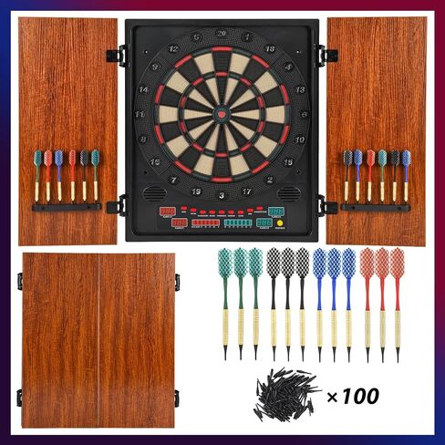 Electronic Dart Board Cabinet Set, Dartboard with Wooden Finish Doors, 12 Darts Set with Aluminum Foil Flights, Adapter Included. in Saudi Arabia