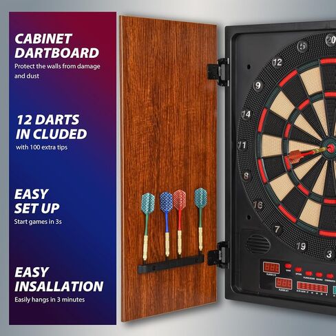 Electronic Dart Board Cabinet Set, Dartboard with Wooden Finish Doors, 12 Darts Set with Aluminum Foil Flights, Adapter Included. in Saudi Arabia