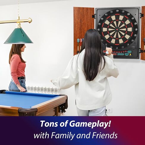 Electronic Dart Board Cabinet Set, Dartboard with Wooden Finish Doors, 12 Darts Set with Aluminum Foil Flights, Adapter Included. in Saudi Arabia