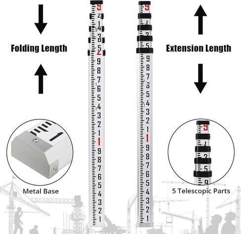 14-Feet Aluminum Grade Rod, 5 Sections Telescopic Measuring Rod, Double-Sided Telescoping Rectangular Leveling Rod with Bubble Level &Carrying Bag for Urban Railway Farmland Construction in Kuwait