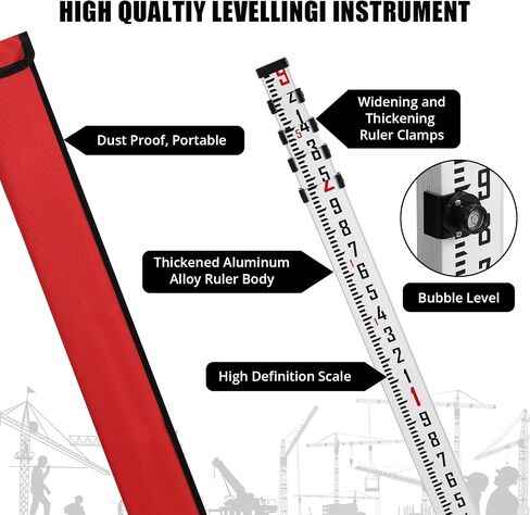 14-Feet Aluminum Grade Rod, 5 Sections Telescopic Measuring Rod, Double-Sided Telescoping Rectangular Leveling Rod with Bubble Level &Carrying Bag for Urban Railway Farmland Construction in Kuwait